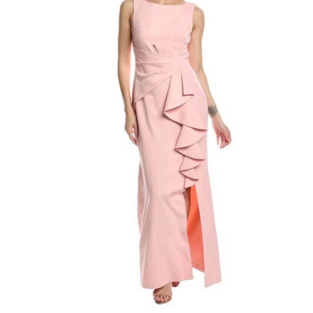 Eliza J Sleeveless Blush Stretch Cascade Ruffle Maxi Gown Size 14 EUC! $188